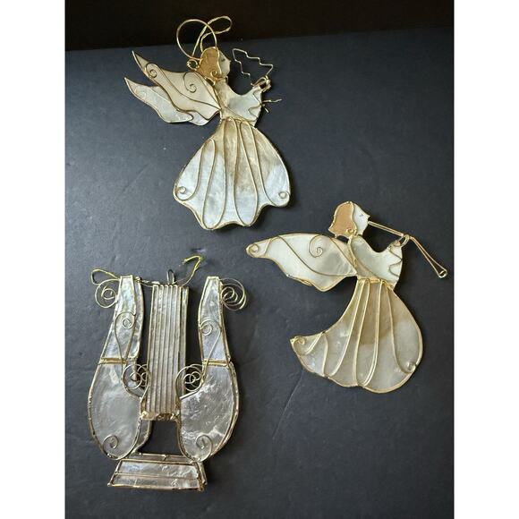Vintage Capiz Shell Angel Harp Christmas Holiday Ornaments Set Of 3 - Picture 1 of 3